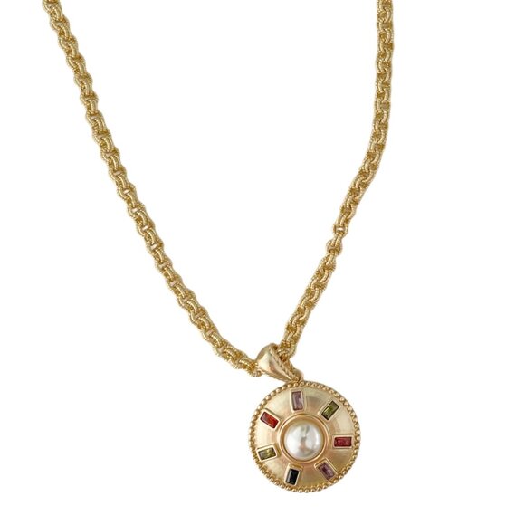 SATIN GOLD PENDANT NECKLACE WITH PEARL CENTER AND MULTI COLOR CRYSTAL ACCENTS - Picture 1 of 2
